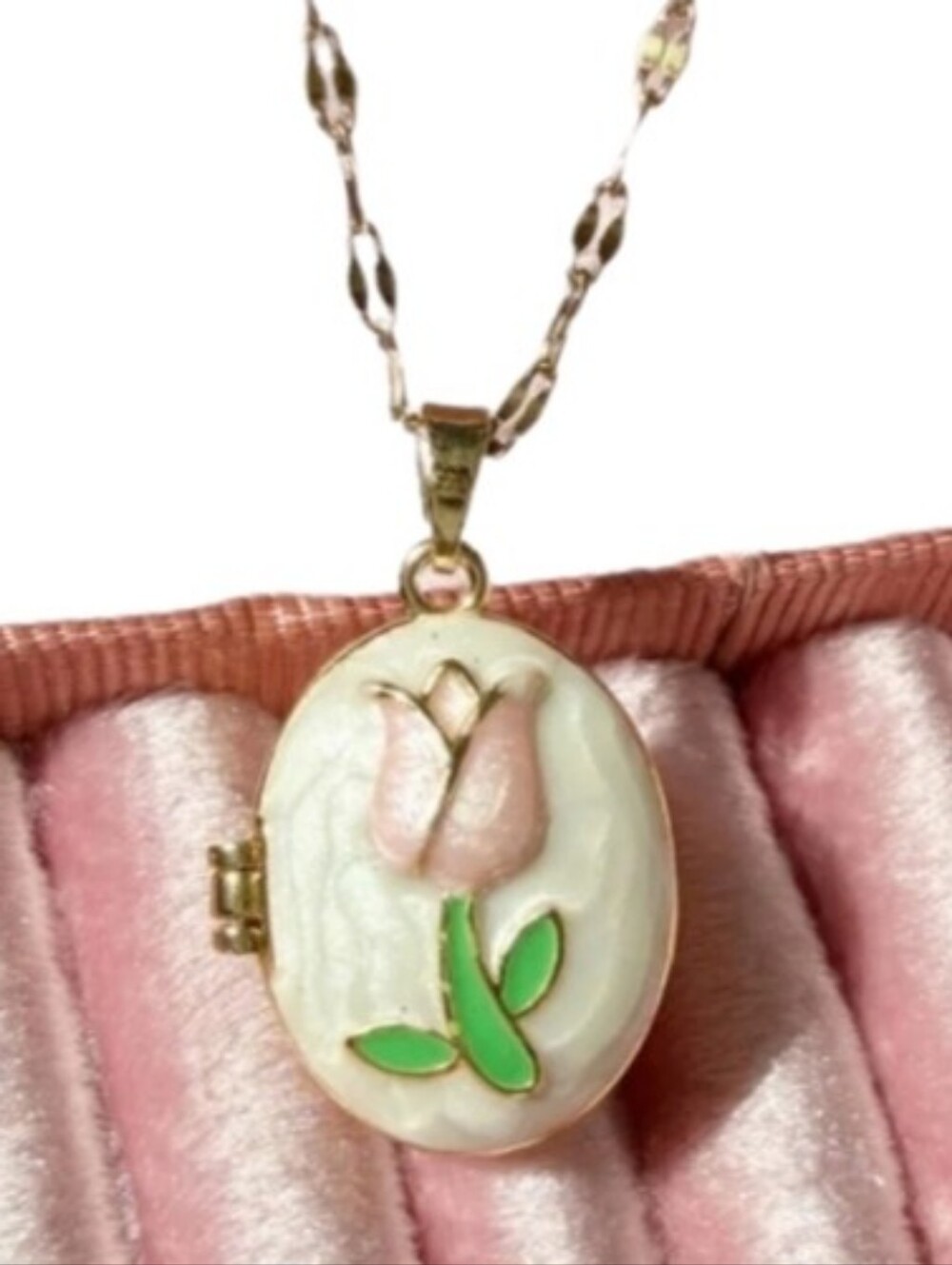 Gold Oval Pink Tulip Enamel Locket Necklace 18"